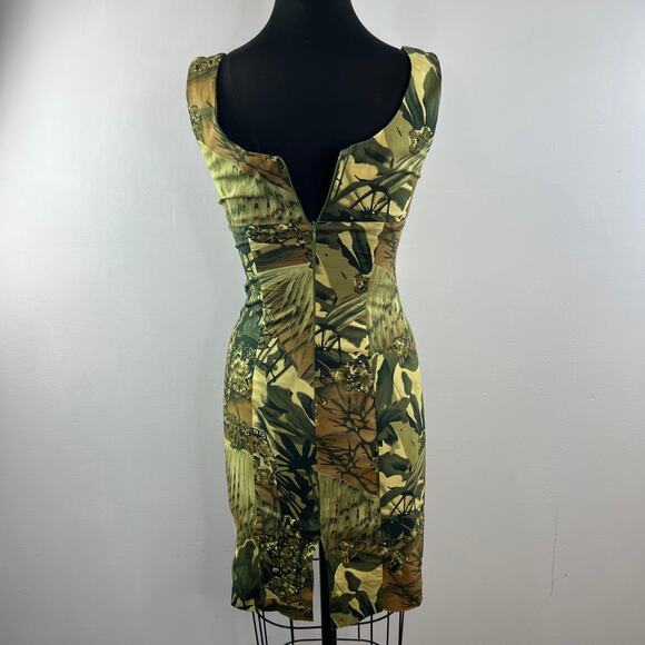 VINTAGE Arden B. Green Bodycon Dress Green Camo Hunting Stretch Back-Zip Size 4 - Picture 5 of 7
